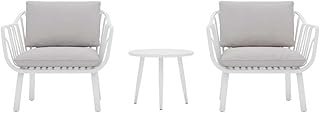 3-Piece Outdoor Bistro Set – Modern White Fiberglass Plastic Frame, 2 Chairs & Coffee Table – Weather-Resistant Balcony & Patio Furniture (Grey Cushions)