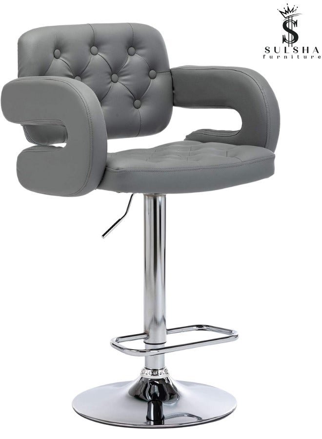 SULSHA SUPER Modern Height Adjustable Chair , Bar Chair , Bar Stool Set Leather Padded Stool GREY/Silver1
