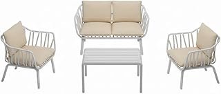 4-Seater Outdoor Furniture Set – Fiberglass Plastic Seating, Modern White Steel Frame, 2 Chairs & Loveseat with Coffee Table (Beige Cushions)