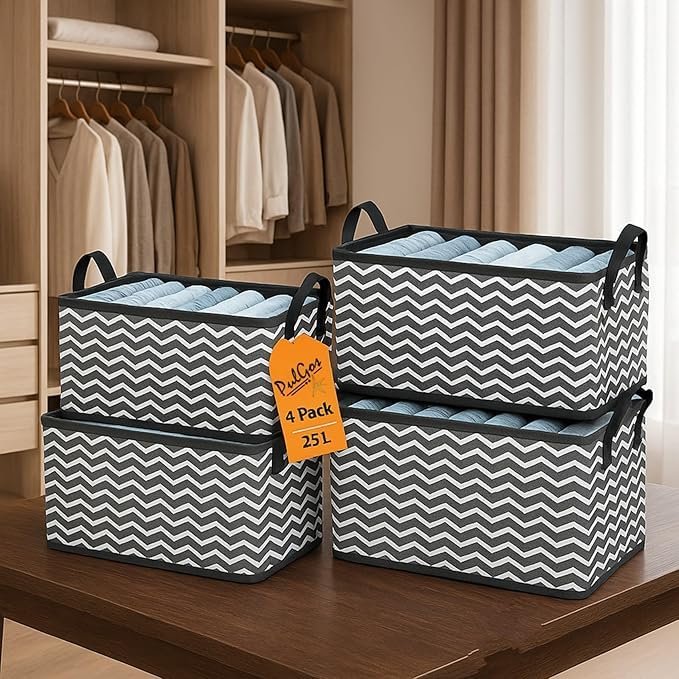 PulGos 4 Pieces Foldable Wardrobe organizer for Clothes Storage Baskets Fabric Storage Box with Handles Closet Drawer Organizers Shelf Basket for Storage Clothes Pants Jeans Toys-Black