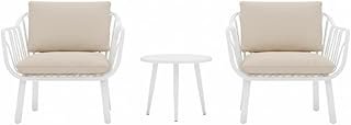 3-Piece Outdoor Bistro Set – Modern White Fiberglass Plastic Frame, 2 Chairs & Coffee Table – Weather-Resistant Balcony & Patio Furniture (Beige Cushions)