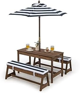 Children's Seat Set, Children's Picnic Table with Benches, Cushions & Parasol, Wooden Seating Set, Outdoor Garden Furniture for Garden, Backyard, Patio (Blue)