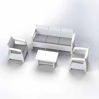Outdoor Sofa Set | 5-Seater | Durable Plastic Rattan | Lightweight & Portable | Coffee Table Included (White-Grey)