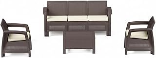 Outdoor Sofa Set | 5-Seater | Durable Plastic Rattan | Lightweight & Portable | Coffee Table Included (Dark Brown-Beige Cushions)