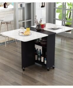 Folding Dining Table Drop Leaf Table with 6 Wheels, Kitchen Table with 2-Layer Storage Shelves, Multifunctional Extension Space Saving Dinner Table for Bedroom Dining Room Home