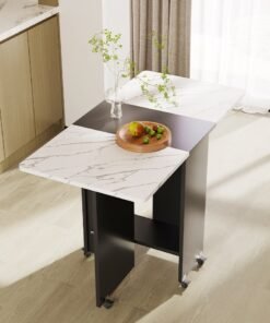 Folding Dining Table Drop Leaf Table with 6 Wheels, Kitchen Table with 2-Layer Storage Shelves, Multifunctional Extension Space Saving Dinner Table for Bedroom Dining Room Home