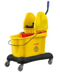 Double-Bucket Mop Trolley | Down-Press Wringer | 360-Degree Rotating Swivel Wheels | Rigid Build | Suitable For Restaurants, Offices, Commercial Use, Hotels, & Villas | 15 x 15 Liters