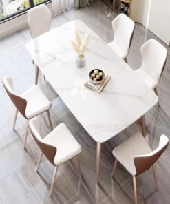 C&C Home Modern Multipurpose Industrial Standard Rectangle Sintered Stone Dining Table and 6 Curved Ergonomic Chair Set for Kitchen Restroom140x80x75 and 43x54x84 cm