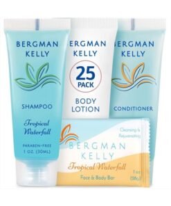 BERGMAN KELLY Hotel Toiletries Bundle (Tropical Waterfall, 1 oz each, 100 Pcs) 4-Piece Set: 25 Rectangular Bar Soap, 25 Shampoo, 25 Conditioner & 25 Body Lotion - Bulk Mini Guest Amenities Supply