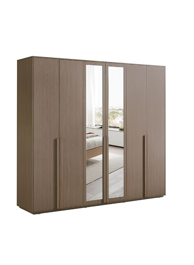 DANUBE HOME Allison 6 Door Swing Door Wardrobe with Mirror & Drawers - Natural Oak Finish, Engineered Wood, Spacious Storage with 7 Shelves, L240xW57xH220cm - Ideal for Bedroom Organization