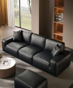 Minimalist Full Leather Sofa Large Black Cow Straight Row Villa Tofu Blocks Large Flat Living Room Sofa