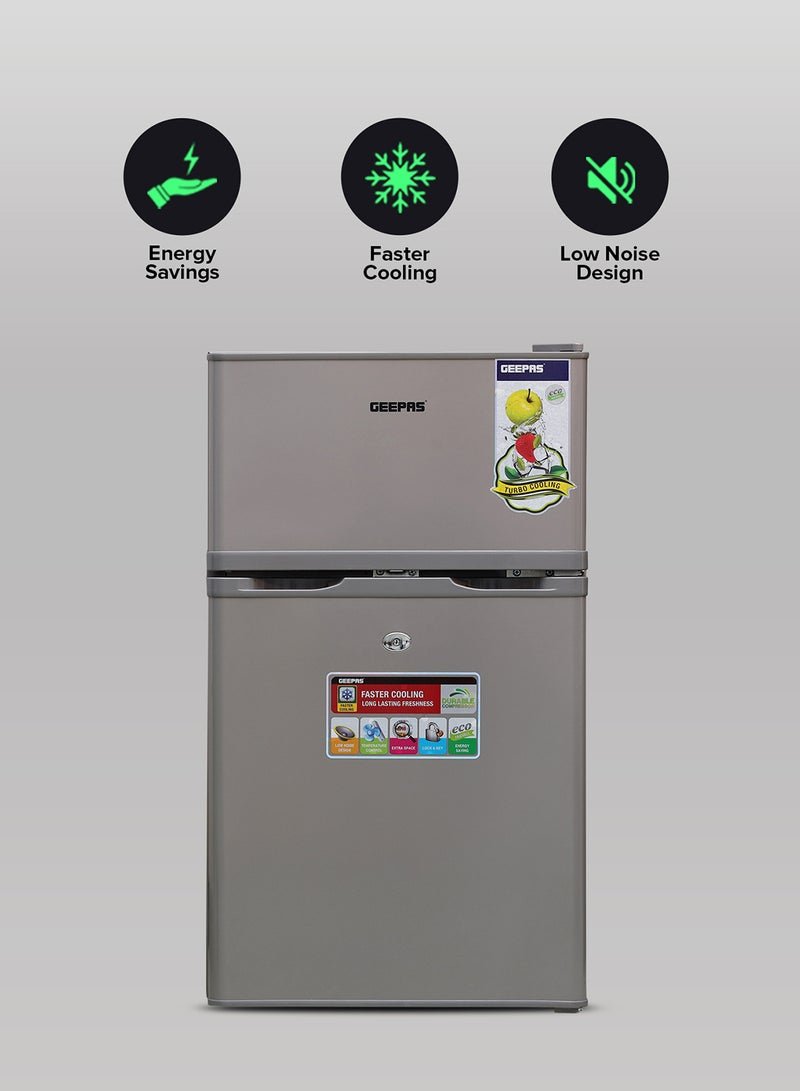 GEEPAS 125L Gross/85L Net Capacity, Double Door Defrost Refrigerator With Rapid Cooling Function, Tropic Type, CFC Free, Interior Lamp, Adjustable Leg, Hook & Key, Outside Condenser, 25L Freezer capacity GRF1259GPE Metallic grey