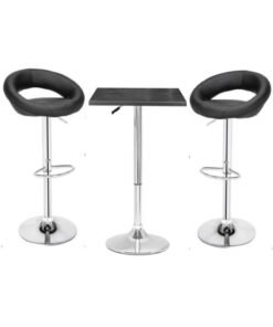 AL WADI FURNITURE AWF AL WADI FURNITURE 3 Piece Adjustable Square MDF Wood Bar Table Set with 2 Round Bar Stools for Pub Counter Kitchen Home PU Leather Bar Chairs with Footrest 360 Swivel Perfect for Small Space, Black
