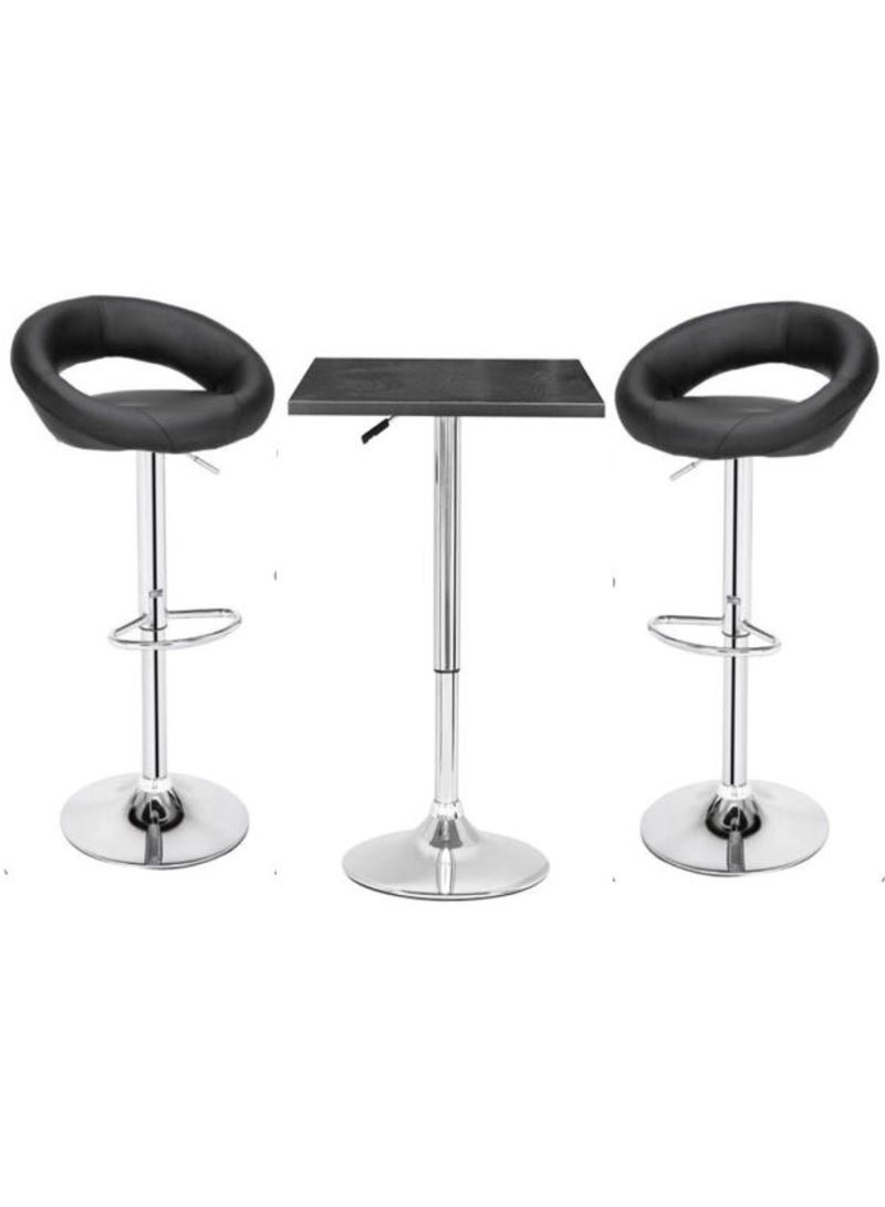 AL WADI FURNITURE AWF AL WADI FURNITURE 3 Piece Adjustable Square MDF Wood Bar Table Set with 2 Round Bar Stools for Pub Counter Kitchen Home PU Leather Bar Chairs with Footrest 360 Swivel Perfect for Small Space, Black