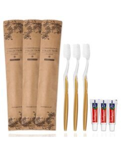 HQSLsund 20 Pcs Disposable Toothbrush With Toothpaste Bulk Individually Wrapped, Travel Toothbrush Kit, Hotel Toothbrushes Bulk For Airbnb,Shelter/Wedding/Nursing Home/Charity/Homeless, Gold