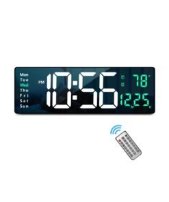 XICEN 16.2" Digital Wall Clock Large Display with Remote Control for Living Room Decor,Automatic Brightness Dimmer Clock with Date Week Temperature Green
