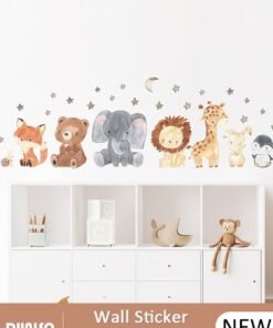 DUNISO Cartoon Animal Wall Stickers, Bear and Line Wall Decals Moon and Star Wall Stickers Removable Kids Room Wall Decals for Kids Baby Nursery Kindergarten Toddler Boys Girls Bedroom Wall Decor
