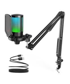 FIFINE USB Gaming Microphone Kit, RGB Condenser Microphones Set For PC PS4 PS5 With Mute Button, PopFilter, Microphone Arm, Shock Mount For Streaming Podcast YouTube Videos A6T Black