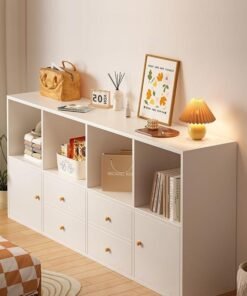 fashionhome Multipurpose Use Floor Standing Storage Cabinet Multi Layers Bookcase Storage Organizer Display Rack with 4 Drawers and 2 Door Cabinets for Living Room Home Office 120x30x64 cm