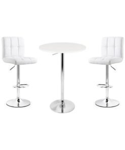 AL WADI FURNITURE AWF AL WADI FURNITURE 3 Piece Adjustable Round MDF Wood Bar Table Set with 2 Bar Stools for Pub Counter Kitchen Home PU Leather Bar Chairs with Footrest 360 Swivel Perfect for Small Space White