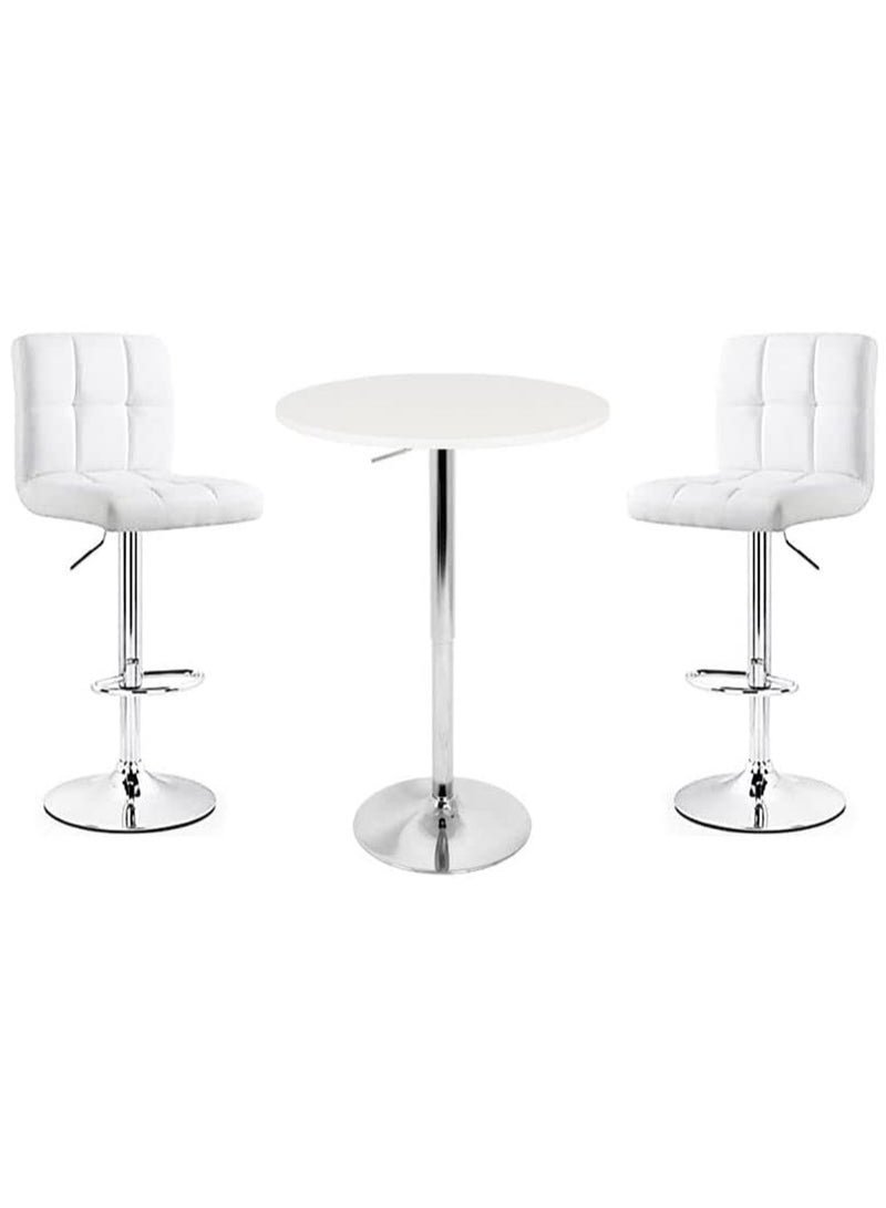 AL WADI FURNITURE AWF AL WADI FURNITURE 3 Piece Adjustable Round MDF Wood Bar Table Set with 2 Bar Stools for Pub Counter Kitchen Home PU Leather Bar Chairs with Footrest 360 Swivel Perfect for Small Space White