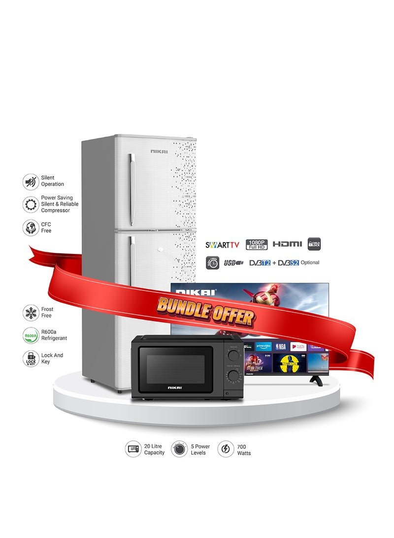 NIKAI Bundle 200L Double Door Refrigerator (NRF200FSS) + 32 Inch Smart LED TV (NTV3200SLED) + Microwave 20L (NMO919AX) 113 W NRF200DN3M+NTV+NMO Silver