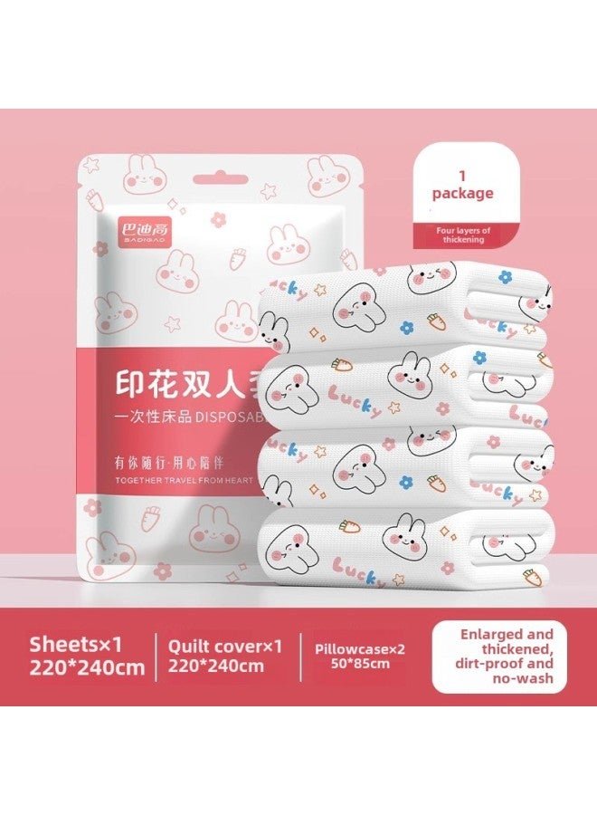 Disposable Pillowcase, Travel Pillowcase, Hotel Supplies, Bed Bed Sheets, Quilt Cover, Thickeneded Travel Sterilization Train Sleeper Pillowcase-Color:Pink Lucky Rabbit Double Four-piece Set