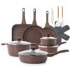 Sensarte 21 Piece Swiss Granite Coating Cookware Set,Pfoa/Pfos/Apeo Free,1X24Cm Casserole With Lid,1X29Cm Deep Fry Pan With Lid,1X24Cm Fry Pan,1X28Cm Fry Pan,1X16Cm Sauce Pan With Lid,1X20Cm Sauce Pan With Lid,1X28 Grill Pan,Utensils,7 Protector, Toffee Brown