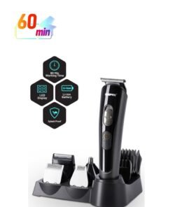 GEEPAS 11-in-1 Rechargeable Grooming Set,Hair/ Bread/ Nose/ Ear/ Body Trimmer | 5 Changeable Heads | Li-Ion Battery | 60mins Working Time | LED Display | 4 Combs Attachments Black/Silver