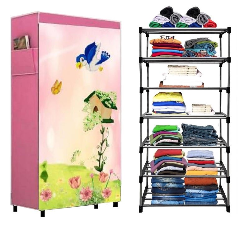 CMerchants Multipurpose Collapsible Metal Shelf Wardrobe 6 Layer (Dark Pink)