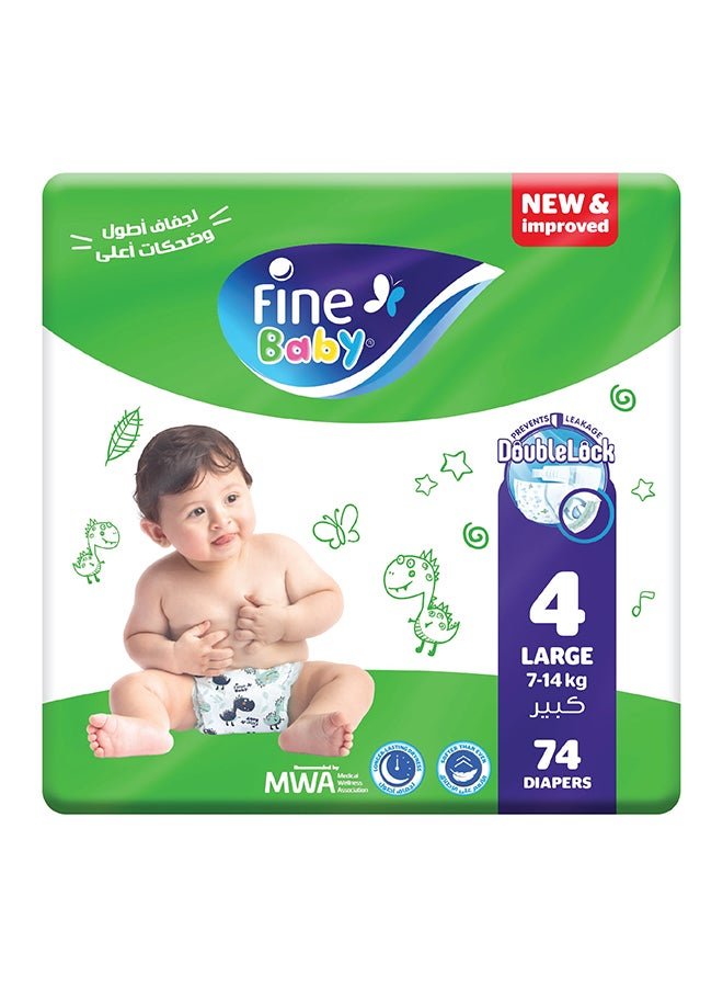 Fine Baby Diapers Size 4 (7-14Kg) Large, 74 Count With The New Double Lock Leak Barriers