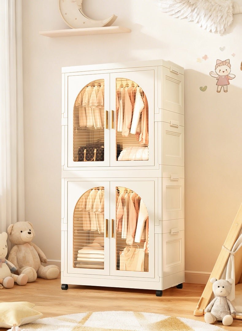 Portable Kids Closet Children's Wardrobe, Foldable Clothes Cabinet,Collapsible Plastic Srotage Organizers Closet with Wheels, Hanging Rod and Door