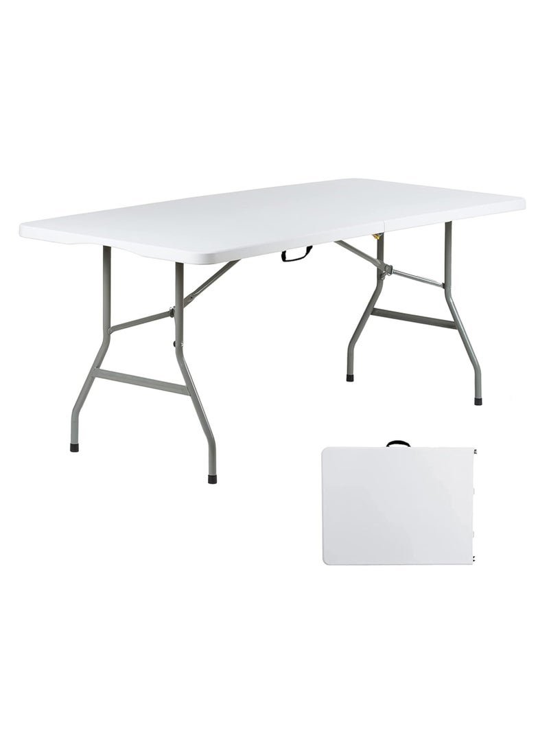 MAPLE HOME DECORATION Maple Home Plastic Folding Table Fold-in-Half Metallic Frame Portable Multi-purpose Carry Handle 4-6 Persons Dining Living Office Camp Picnic Beach Furniture 70*150*75cm