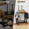 XiuWoo 2-Tier Moveable Metal Wood End table, Side Table, Coffee table, Vinyl Record Player Stand Table, Home Storage Rack, Nightstand Table with Organizer Pocket and Wheels for Home office