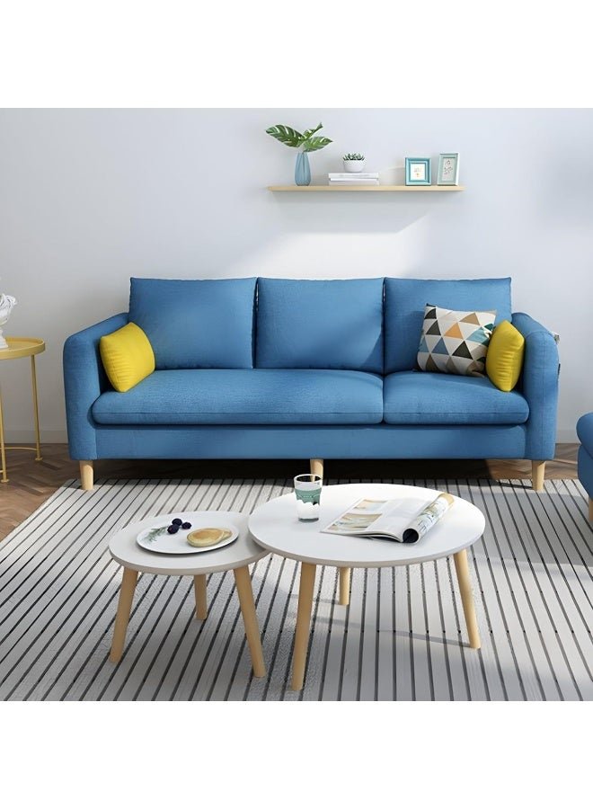 Ripple FURNITURE Modern Fabric Square Arm Sofa with Two Standard Pillows, Blue sofa with Yellow accent pillows.