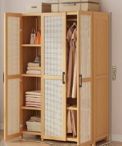 NKX Rattan Panel Wooden Wardrobe 3 Door Freestanding Closet Organizer with Hanging Rod & Shelves Size 160ccm 90cm 42cm