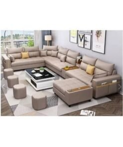 Al Zakharef Furniture Zahra Modern U-Shaped Sofa Set, 7 Seater PU Leather Sectional Couch with Chaise Lounge, Corner Living Room Furniture – Beige (389×231×86 cm)