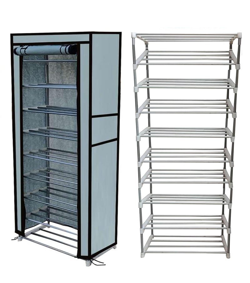 GlowSilk Multipurpose 9 Tier 100GSM Dustproof Fabric Cover Metal Wardrobe for Home, Office & Storage Room-Grey (DIY)