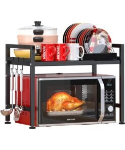 SKY-TOUCH SKY- TOUCH Extendable Microwave Oven Rack, 2 Tier Metal Microwave Shelf Stand, Desktop Printer Shelf Rack Adjustable Shelf Heavy Duty, 2-Tier with 6 Hooks,57lbs Weight Capacity