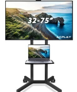 ACPLAY Rolling TV Cart with Adjustable Height for 32-75 Inch Displays, Lockable Wheels, Detachable Shelf, Supports 4K LCD and Curved TVs, Max VESA 600x400mm
