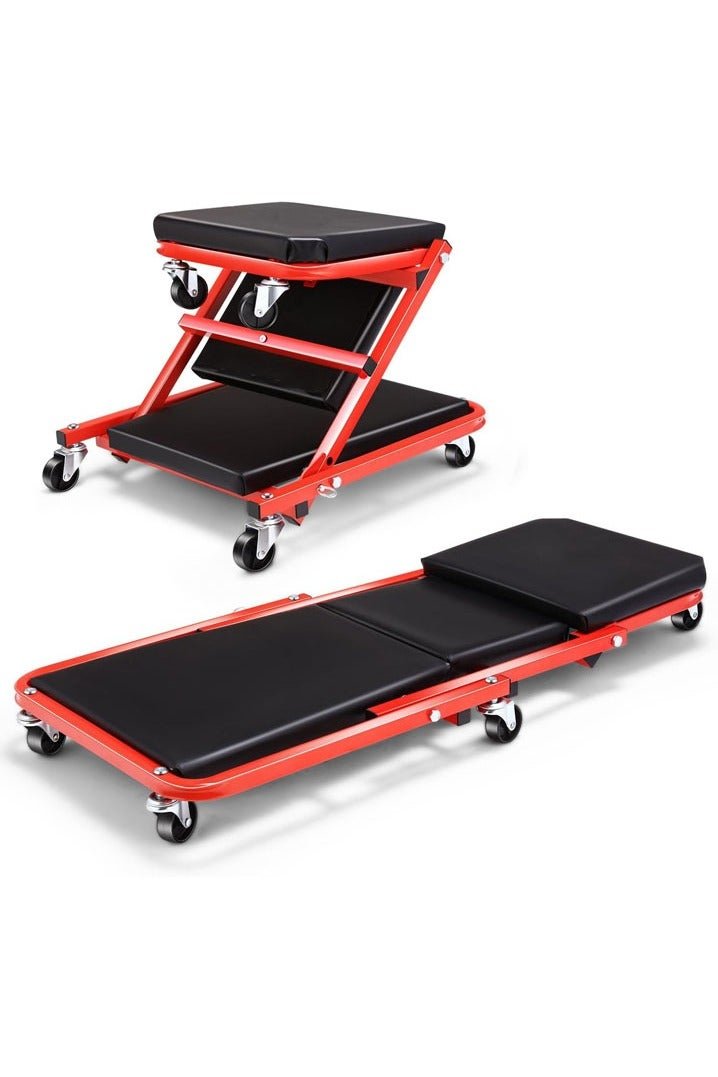L&E Mechanic Creeper 36 inches2-in-1 Mode Z Seat 340lbs Capacity, Foldable Garage Adjustable Rolling Folding with 6pcs Wheels Roller, Under Car Auto Repair, Lay Down Sit Lean Back,Red Black
