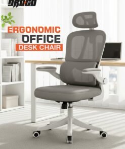 DROGO Premium Ergonomic Office Chair for Work from Home, High Back Computer Chair with Breathable Mesh, Flip-up Armrest, Adjustable Headrest, Recline, Adjustable Seat & Lumbar Support | Mesh Chair for Office Grey/White