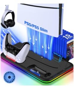 Saitake PS5 Stand, PS5 Slim Stand with Cooling Station and Controller Charging Station for PS5 Slim Console Disc/Digital, PS5 Accessories-Cooling Fan, RGB LED, Headset Holder, 15 Game Slot for Playstation 5