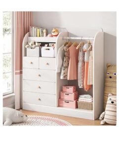 CityRiya-Long Kids Wardrobe Closet,Kids Dress Up Storage with 5 Drawer, Kids Armoire Opening Hanging Costume Closet Wardrobe for Kids, Pretend Storage Closet Armoire Dresser for Kids Room(YN011-White)