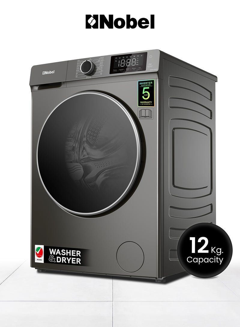 Nobel 12/8 Premium Combo Washer Dryer with 16 Programs, BLCD Inverter Motor, Fully Automatic Front Load Washing Machine with 8KG Dryer, Dial Touch Control, Child Safety Lock, Quick Wash, 2000W, One year Warranty 2000 W 12 kg 2000 W NWM1400WD Dark Silver
