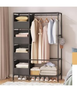 BLOOMING TIME Multi-Functional Open Wardrobe Rack with Shelving and Hanging Section – Space-Saving Clothes Storage Solution for Bedroom or Entryway