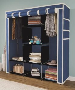 GTC Collapsible Wardrobe Almira for Clothes, 2 Hanging Space, 8 Shelves and 2 Side Pocket Non-Woven Fabric 90 GSM (Blue, 88230Blue-N)