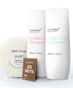 Travelwell Travel Well Mini Shampoo & Conditioner Set - Amino Acid Travel Shampoo & Conditioner - Paraben-Free Mini Soap Bars Guest Bathroom Toiletries - 25 Bottles (1.01 Fl Oz) & 25 Bars (28 g)