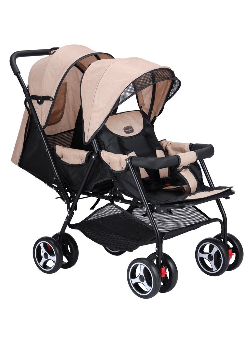 BABY PLUS Lightweight Double Stroller for Twins - Foldable Twin Baby Stroller with Adjustable Canopy, Storage Basket, and Safety Features, BEIGE