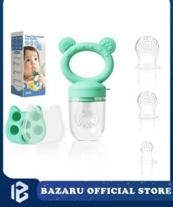 BAZARU Baby Fruit Feeder with 3 Replaceable Silicone Nipples (S/M/L) & Breastmilk Popsicle Freezer Tray – BPA-Free Teether for Safe Self-Feeding & Gum Relief, 4+ Months (Pea Green)
